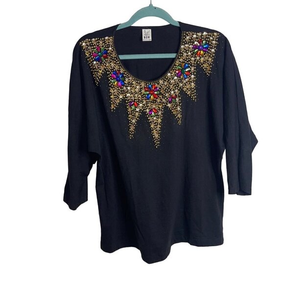 Now Collection Design Vintage Top Size Large Dolman Sleeve Cotton Sequin Beaded - Picture 8 of 9